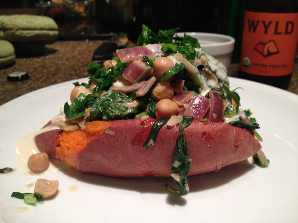 healthy stuffed sweet potatoes with lemon-tahini sauce