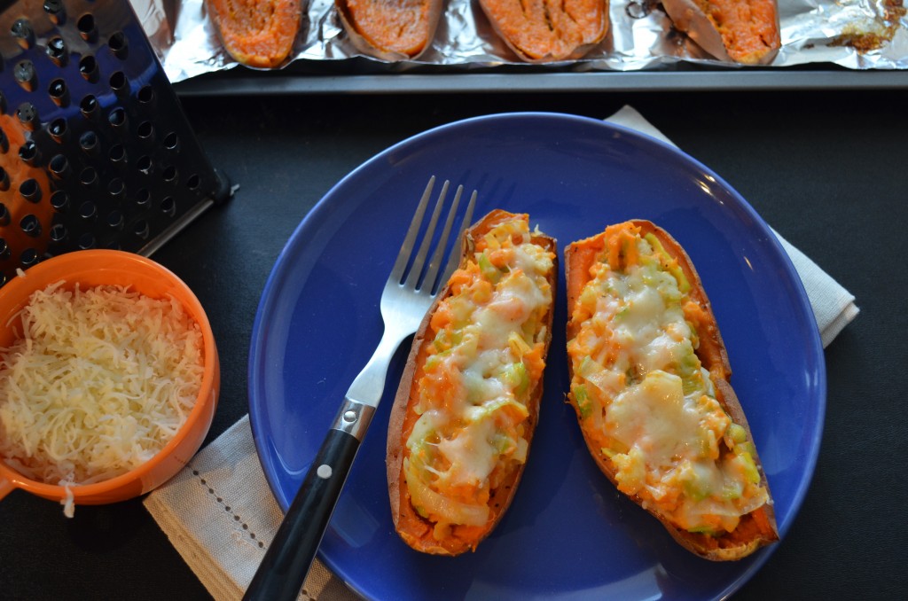 Healthy Leek and Gruyere Sweet Potato Skins