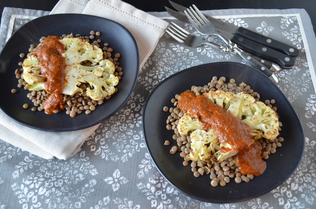 Cauliflower Steak with Lentils and Charred Red Pepper Steak Sauce | coffeeandquinoa.com