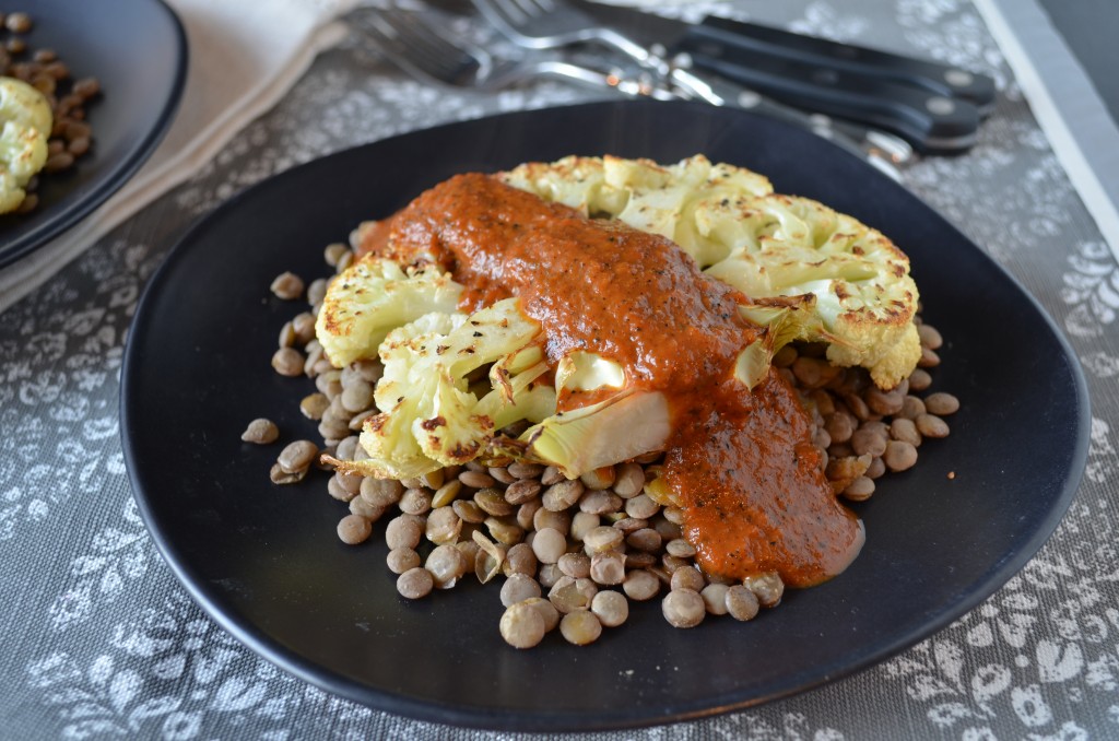 Cauliflower Steak with Lentils and Charred Red Pepper Steak Sauce | coffeeandquinoa.com