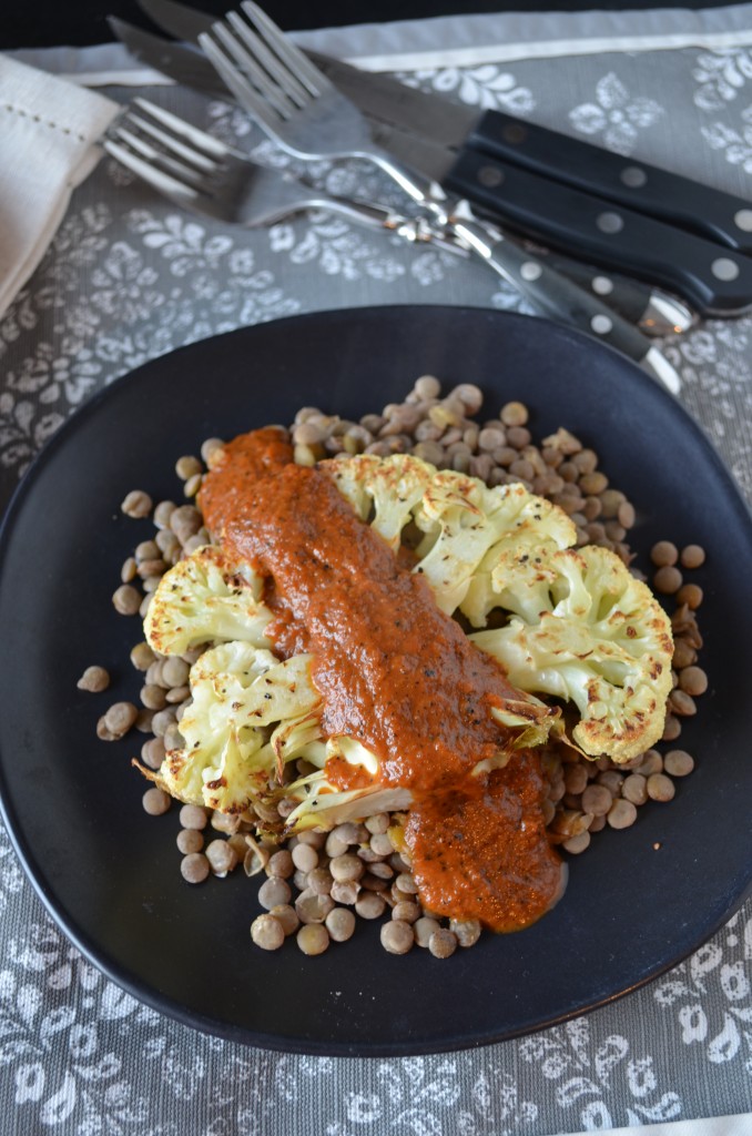 Cauliflower Steak with Lentils and Charred Red Pepper Steak Sauce | coffeeandquinoa.com