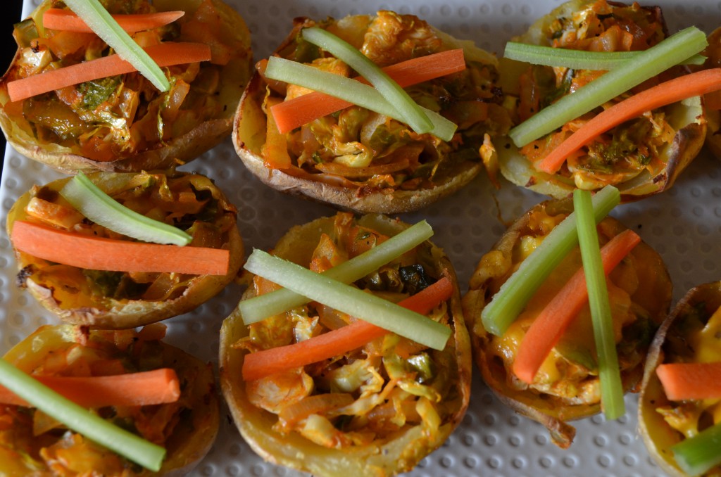 Buffalo Brussels Potato Skins with Lightened Up Blue Cheese Dressing | coffeeandquinoa.com