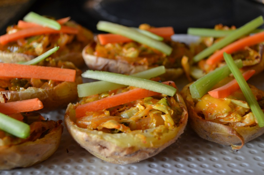 Buffalo Brussels Potato Skins with Lightened Up Blue Cheese Dressing | coffeeandquinoa.com