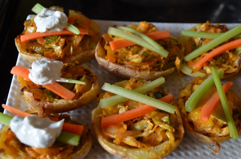 Buffalo Brussels Potato Skins with Lightened Up Blue Cheese Dressing | coffeeandquinoa.com