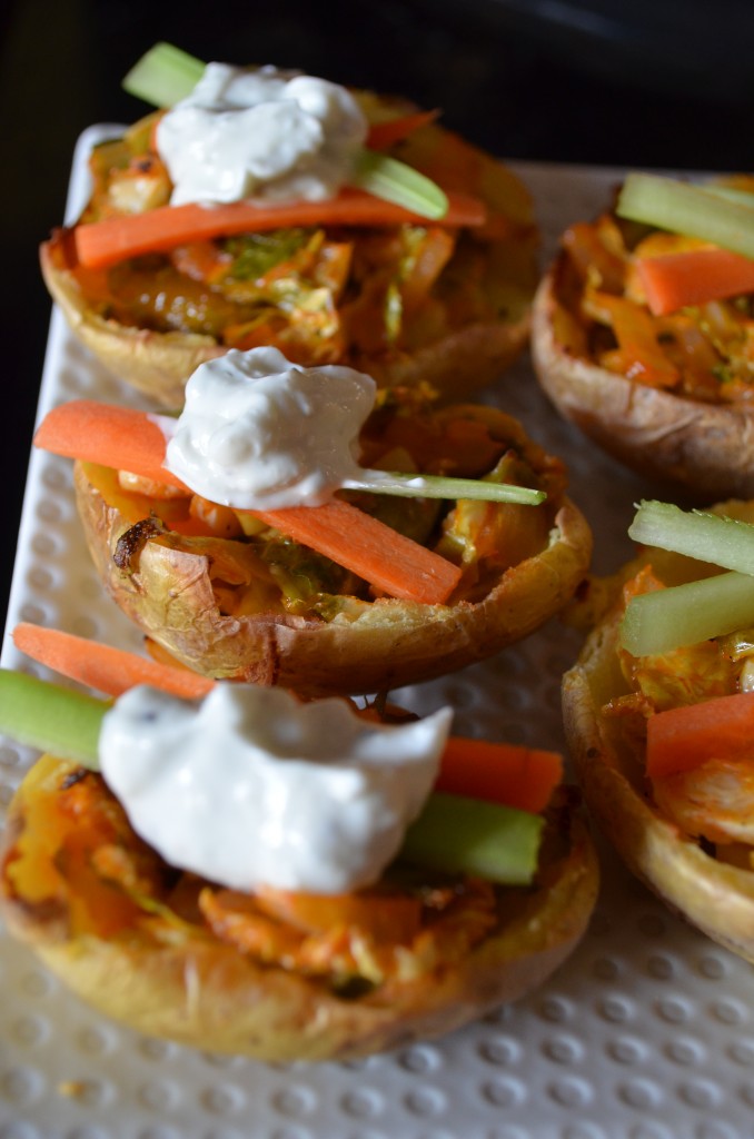 Buffalo Brussels Potato Skins with Lightened Up Blue Cheese Dressing | coffeeandquinoa.com