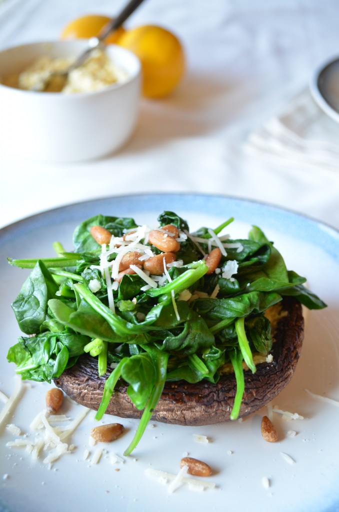 Grilled Portobellos with Meyer Lemon Pesto and Spinach | coffeeandquinoa.com