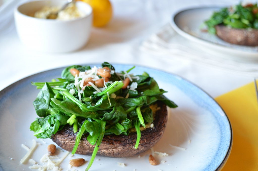 Grilled Portobellos with Meyer Lemon Pesto and Spinach | coffeeandquinoa.com