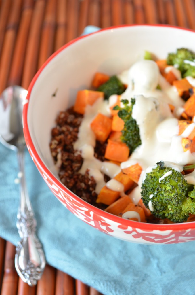 Roasted Veggie Quinoa Bowl with Miso Tahini Sauce