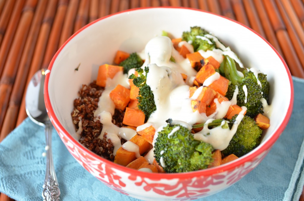 Roasted Veggie Quinoa Bowl with Miso Tahini Sauce