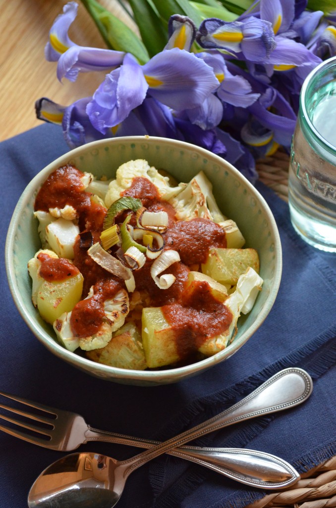 Roasted Veggie Lentil Bowl with Charred Red Pepper Sauce