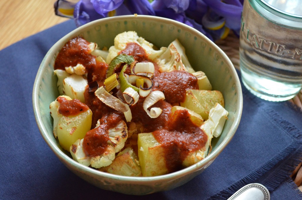 Roasted Veggie Lentil Bowl with Charred Red Pepper Sauce