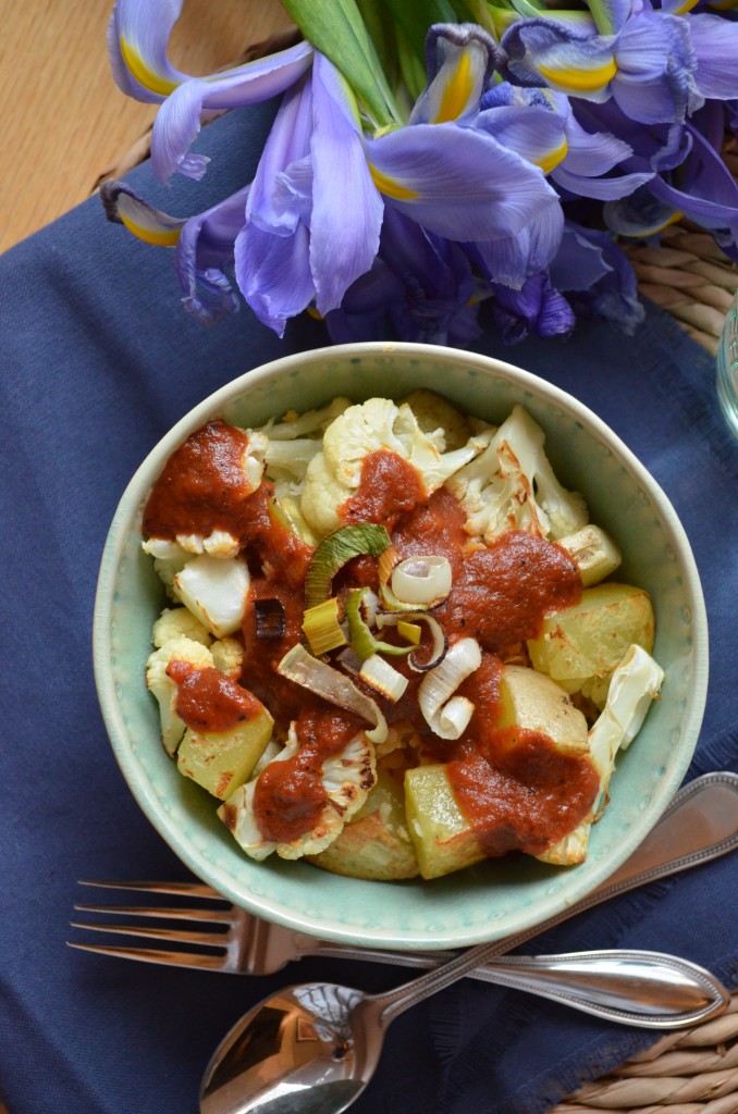 Roasted Veggie Lentil Bowl with Charred Red Pepper Sauce