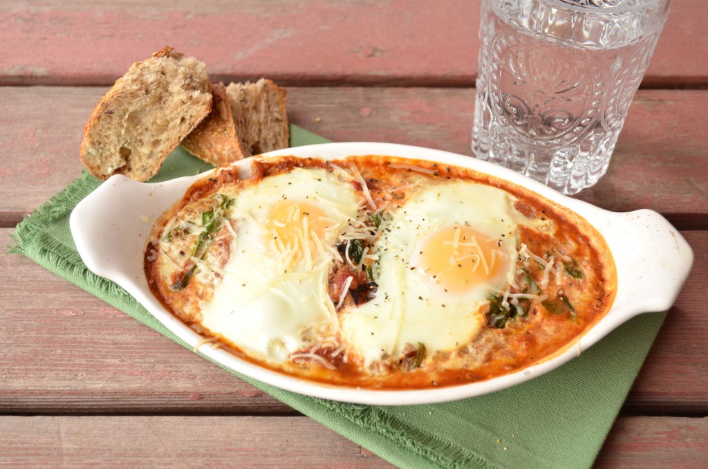 Baked Eggs with Tomato Sauce, Spinach and Quinoa