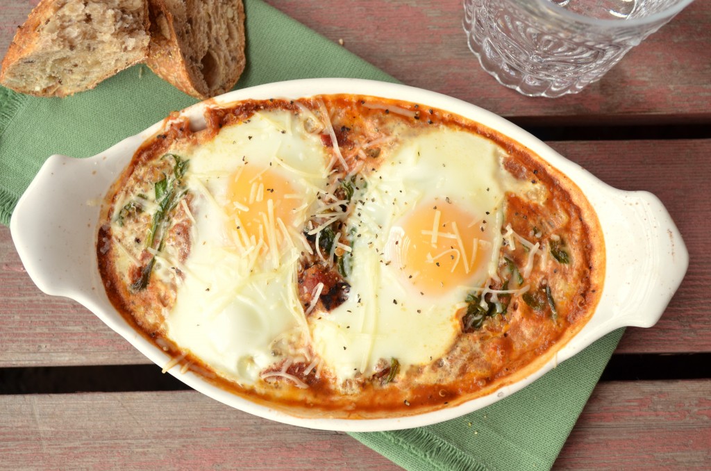 Baked Eggs with Tomato Sauce, Spinach and Quinoa