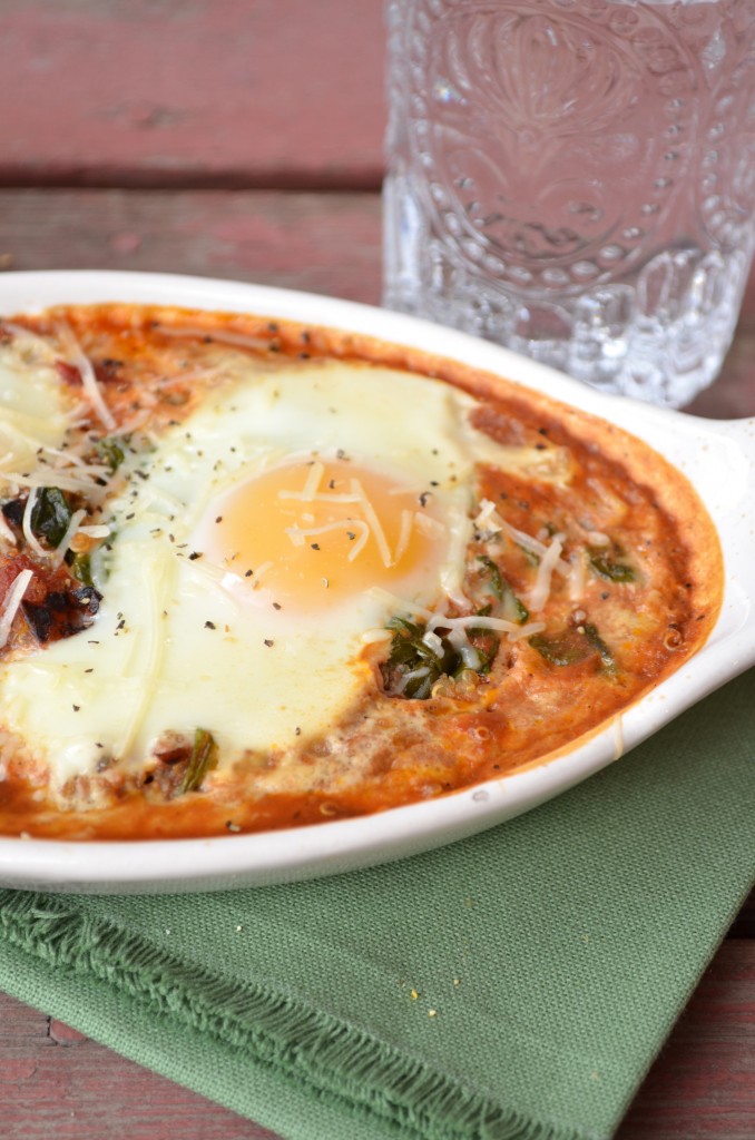 Baked Eggs with Tomato Sauce, Spinach and Quinoa