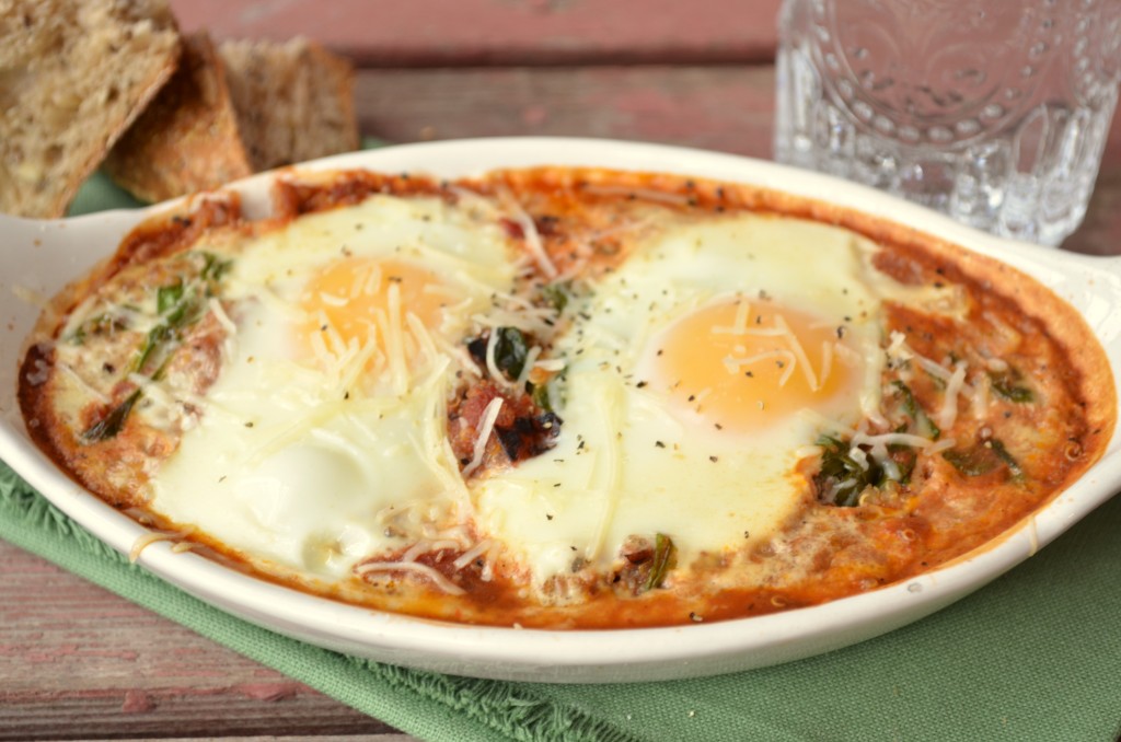 Baked Eggs with Tomato Sauce, Spinach and Quinoa