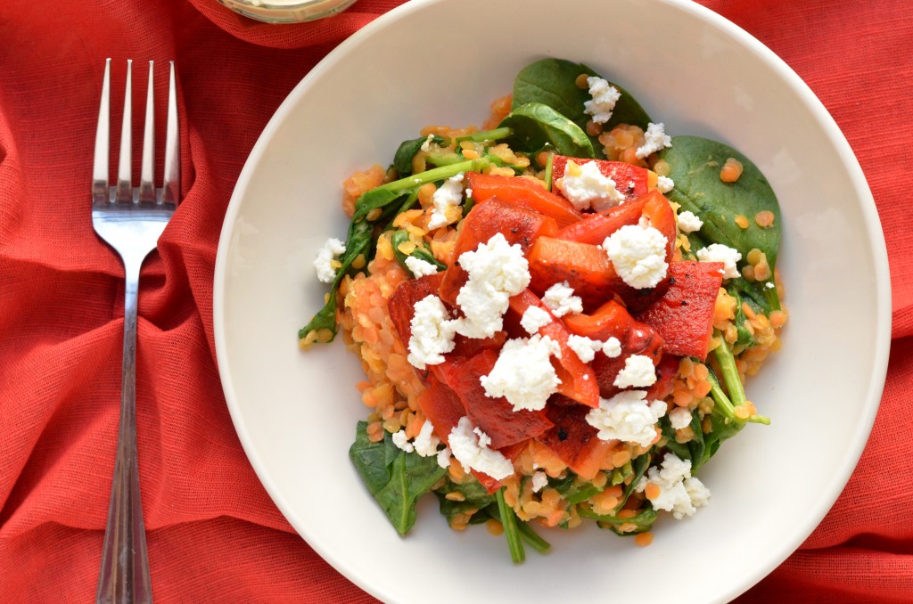 Warm Lentil Salad with Roasted Red Peppers and Spinach