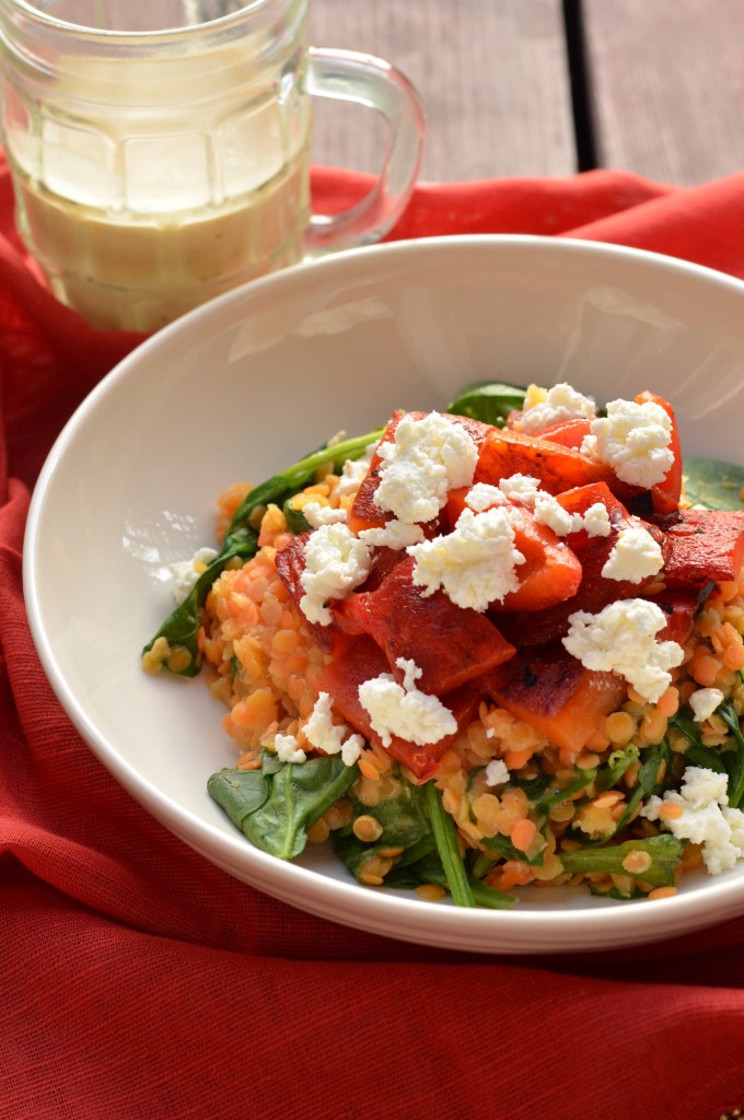 Warm Lentil Salad with Roasted Red Peppers and Spinach