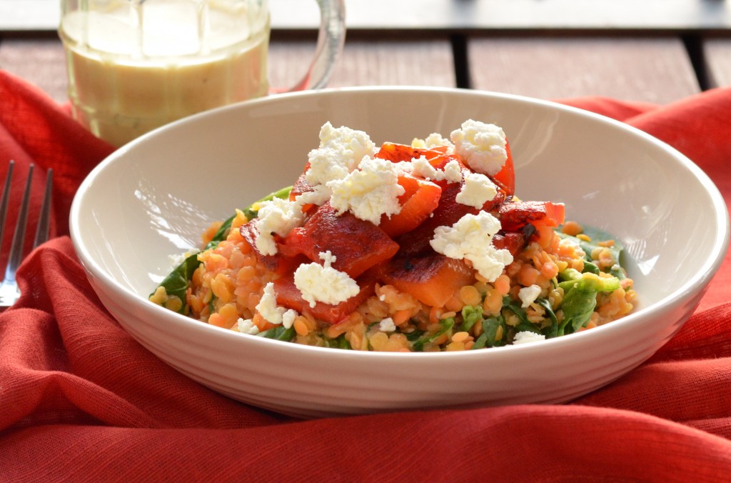 Warm Lentil Salad with Roasted Red Peppers and Spinach