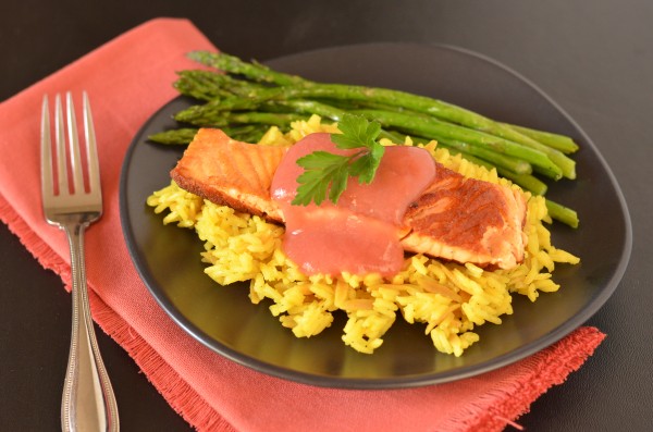 Crispy Pan-Seared Salmon with Rhubarb Sauce