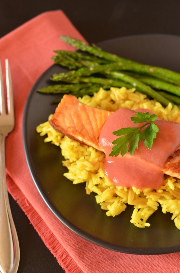 Crispy Pan-Seared Salmon with Rhubarb Sauce