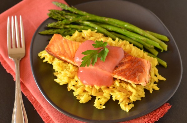 Crispy Pan-Seared Salmon with Rhubarb Sauce