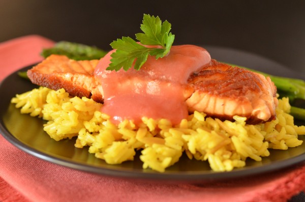 Crispy Pan-Seared Salmon with Rhubarb Sauce