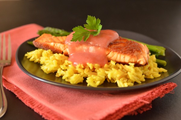 Crispy Pan-Seared Salmon with Rhubarb Sauce
