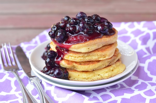 Lemon Cornmeal Pancakes with Blueberry Sauce