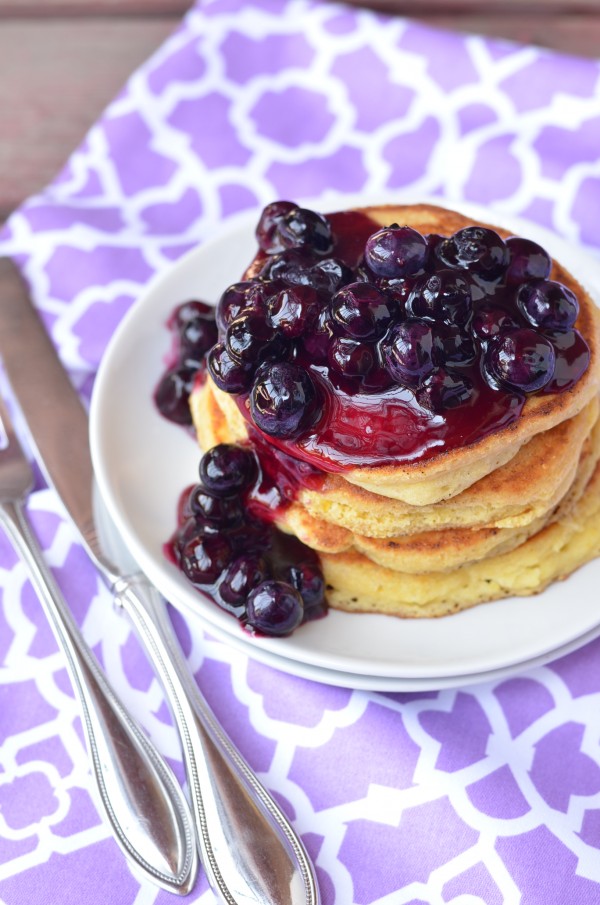 Lemon Cornmeal Pancakes with Blueberry Sauce