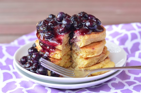 Lemon Cornmeal Pancakes with Blueberry Sauce