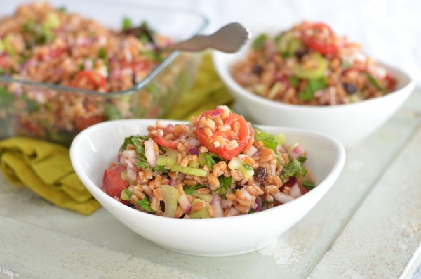 Farro Salad with Roasted Cherry Tomatoes, Raisins & Celery