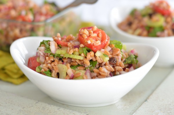 Farro Salad with Roasted Cherry Tomatoes, Raisins & Celery