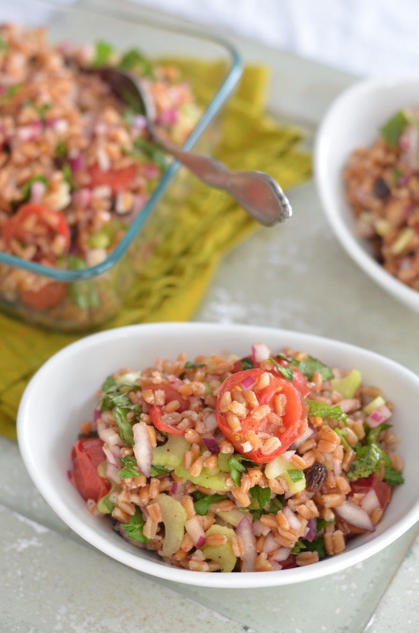 Farro Salad with Roasted Cherry Tomatoes, Raisins & Celery