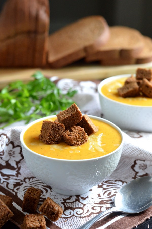 Potato-Cheese Soup with Pumpernickel Croutons