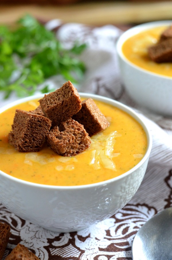 Potato-Cheese Soup with Pumpernickel Croutons