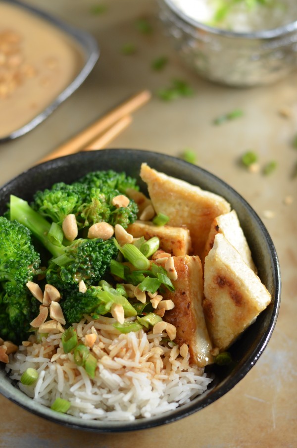 Crispy Tofu Rice Bowls with the Best Thai Peanut Sauce
