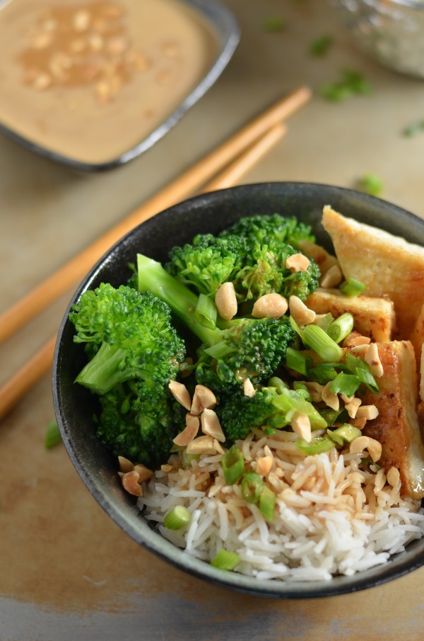 Crispy Tofu Rice Bowls with the Best Thai Peanut Sauce