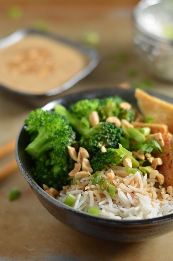 Crispy Tofu Rice Bowls with the Best Thai Peanut Sauce