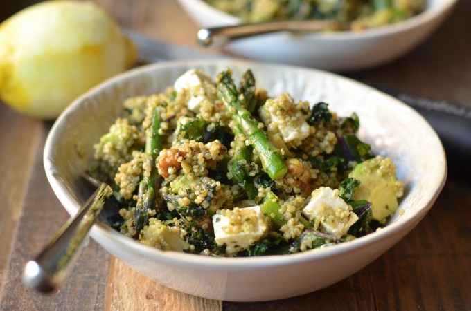 Green Quinoa Salad with Asparagus, Avocado and Kale Pesto