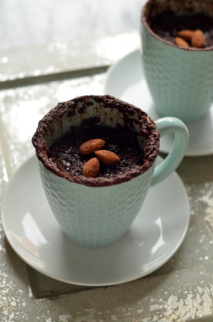 Salted Chocolate Almond Mug Cake - Vegan, GF, microwavable, and ready in 60 seconds!