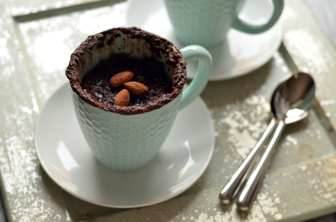 Salted Chocolate Almond Mug Cake - Vegan, GF, microwavable, and ready in 60 seconds!