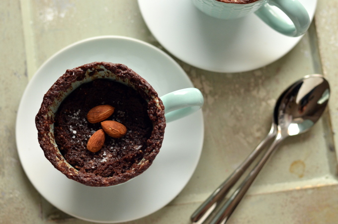 Salted Chocolate Almond Mug Cake - Vegan, GF, microwavable, and ready in 60 seconds!