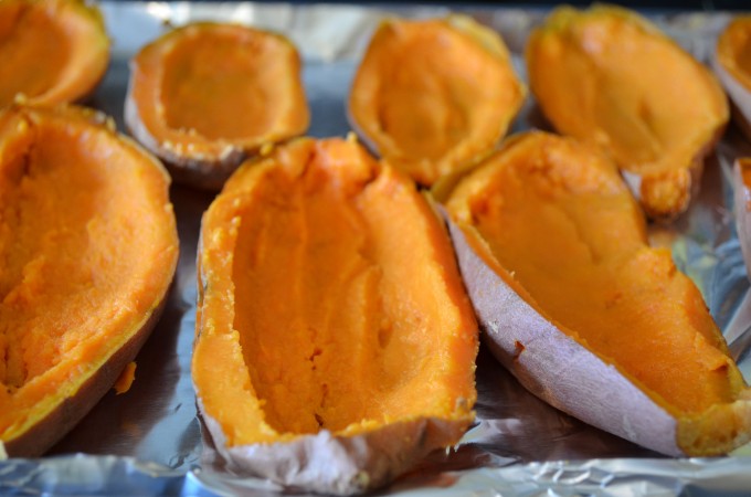 Healthy Leek and Gruyere Sweet Potato Skins