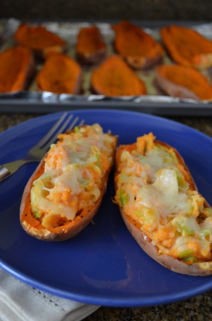 Healthy Leek and Gruyere Sweet Potato Skins