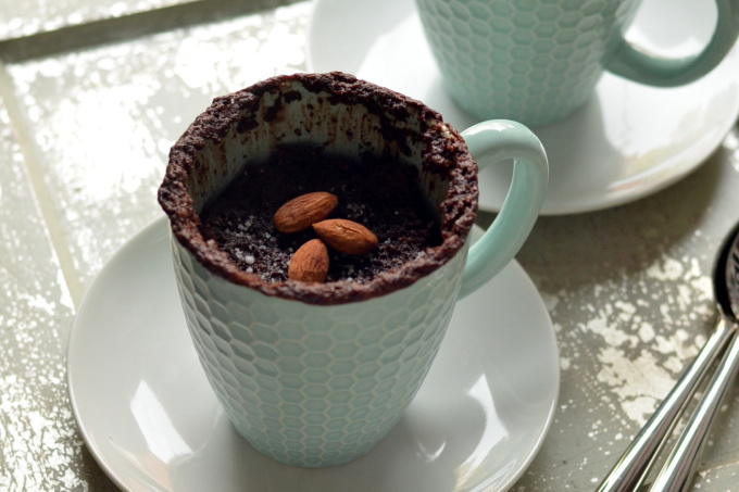 Salted Chocolate Almond Mug Cake - Vegan, GF, microwavable, and ready in 60 seconds!